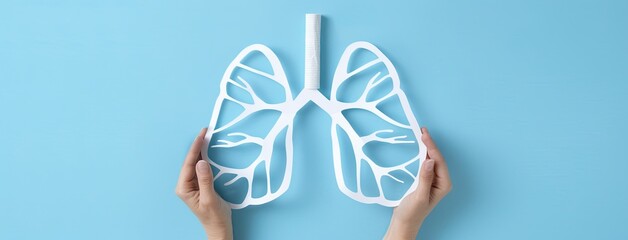 Hands presenting a lung silhouette illustration on a light blue backdrop for World No Smoking Day awareness