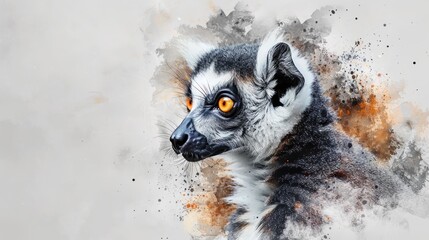 Fototapeta premium A curious lemur in detailed watercolor, showcasing its facial features and fur. The white background enhances its elegance.