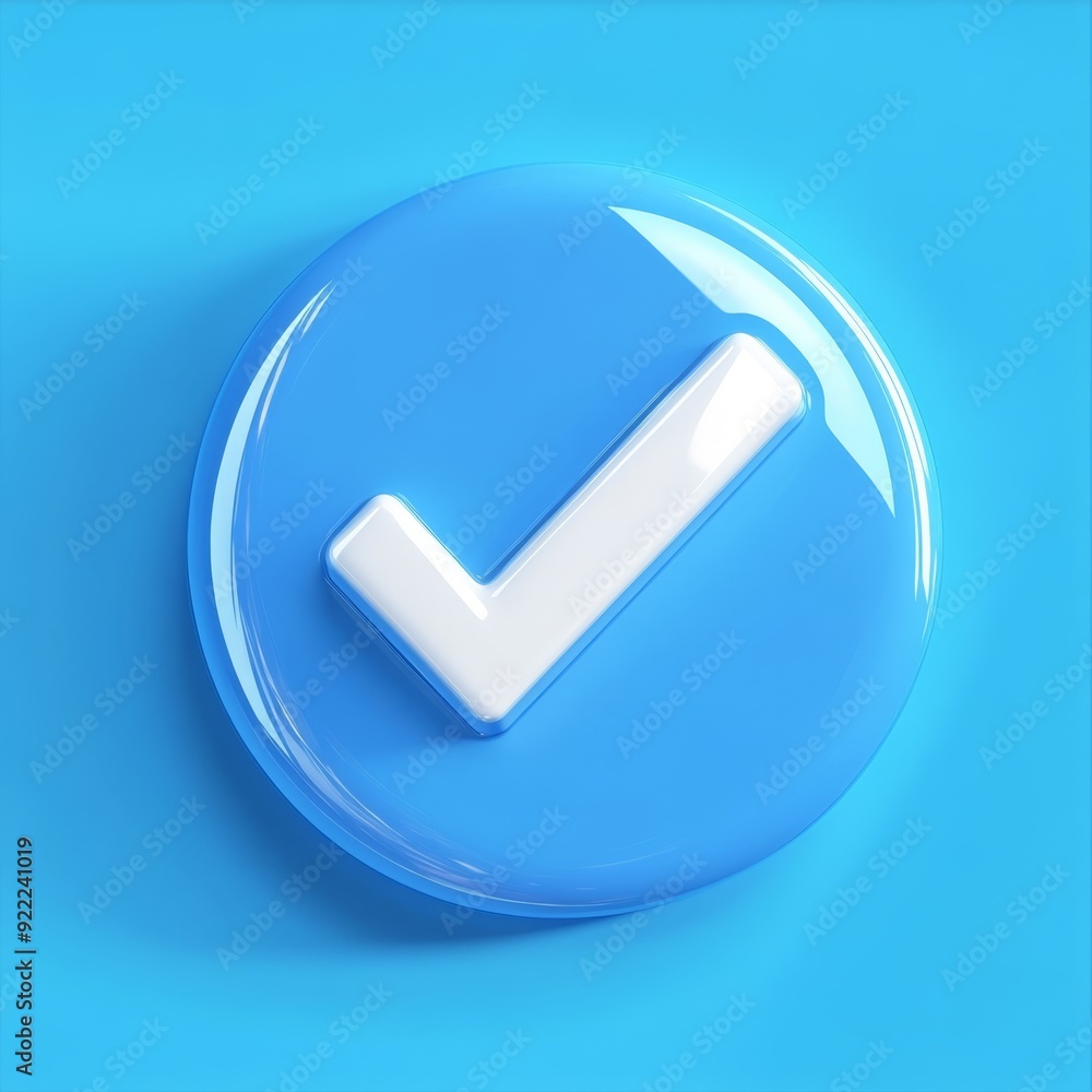 Poster This striking image features a glossy blue button with a white check mark against a vivid backdrop, symbolizing approval and correctness while blending style with functionality for high visual impact