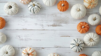 Many white and orange pumpkins creating a border on a white wood background