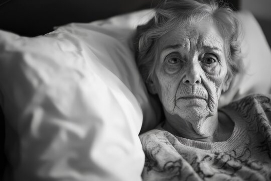 Black and white image of an elderly woman resting on a pillow, displaying a somber and reflective expression, capturing the depth of aging and contemplation.