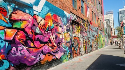 Fototapeta premium A vibrant graffiti mural covering an entire wall, featuring bold colors, intricate designs, and urban street culture elements in a bustling city setting.