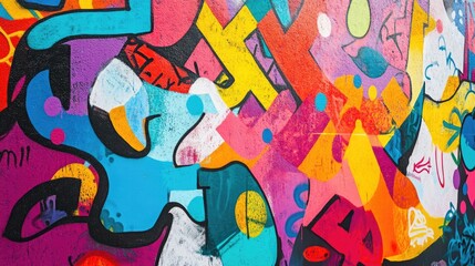 Obraz premium A vibrant graffiti mural covering an entire wall, featuring bold colors, intricate designs, and urban street culture elements in a bustling city setting.