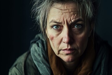 Obraz premium A close-up portrait of a woman with a scar on her cheek and furrowed brow, indicating hardship and strength. The dark background underscores a somber atmosphere.