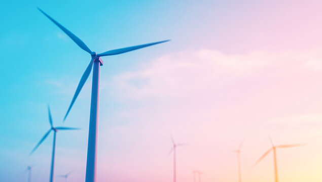 Digital data visualization of wind turbines against a vibrant pink and blue sky, symbolizing renewable energy and sustainable solutions.