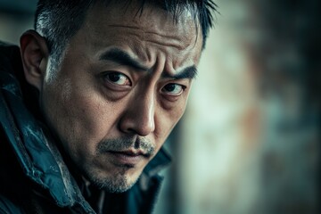 Portrait of a man with a rugged outdoor jacket displaying a determined look, focusing on something ahead, with a background hinting at adverse conditions.