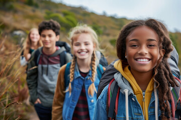 Diverse group of happy teenagers hiking and enjoying nature together on a sunny day