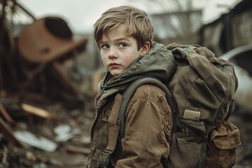 A young boy with a large backpack amidst a scene of destruction, conveying resilience, innocence in chaos, and the will to move forward despite challenges.
