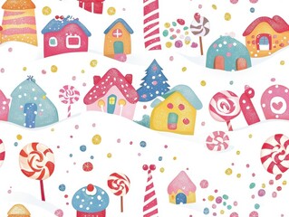 seamless pattern, Kawaii candy land with smiling lollipops