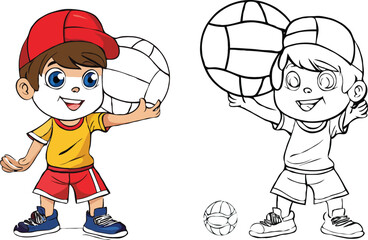 coloring page a simple drawing of blue green with baby boy & girl playing game vector illustration