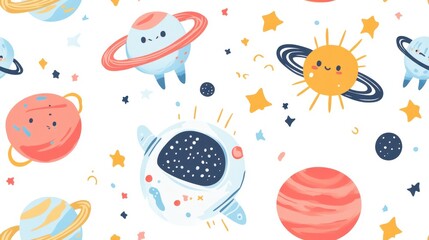 Naklejka premium seamless pattern, Kawaii outer space scene with adorable aliens