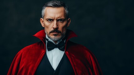 Fototapeta premium Mysterious man wearing a red cape and bow tie, evoking classic horror themes with an intense gaze against a dark background.