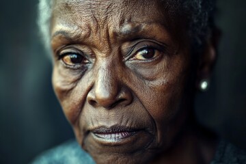 Obraz premium A close-up portrait of an elderly woman with deep, soulful eyes that convey wisdom and a lifetime of experiences, her expression calm and reflective against a muted background.