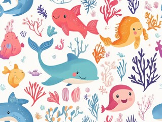 seamless pattern, Kawaii underwater party with smiling fish