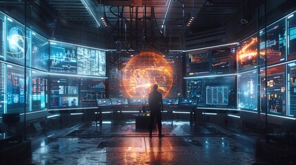 A futuristic workspace with a quantum computer in the center, surrounded by holographic screens and AI assistants, symbolizing the integration of quantum computing into future work environments.