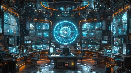 A futuristic workspace with a quantum computer in the center, surrounded by holographic screens and AI assistants, symbolizing the integration of quantum computing into future work environments.