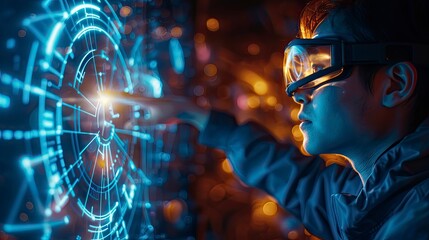 A scientist wearing augmented reality glasses interacting with a holographic model of a quantum circuit, emphasizing the role of AR in quantum computing research.