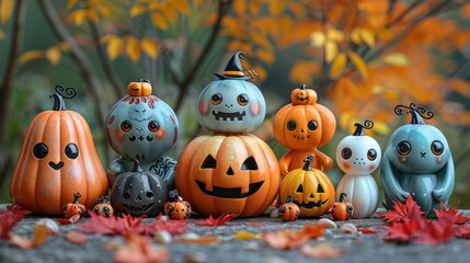 Colorful Halloween Pumpkins with Autumn Leaves