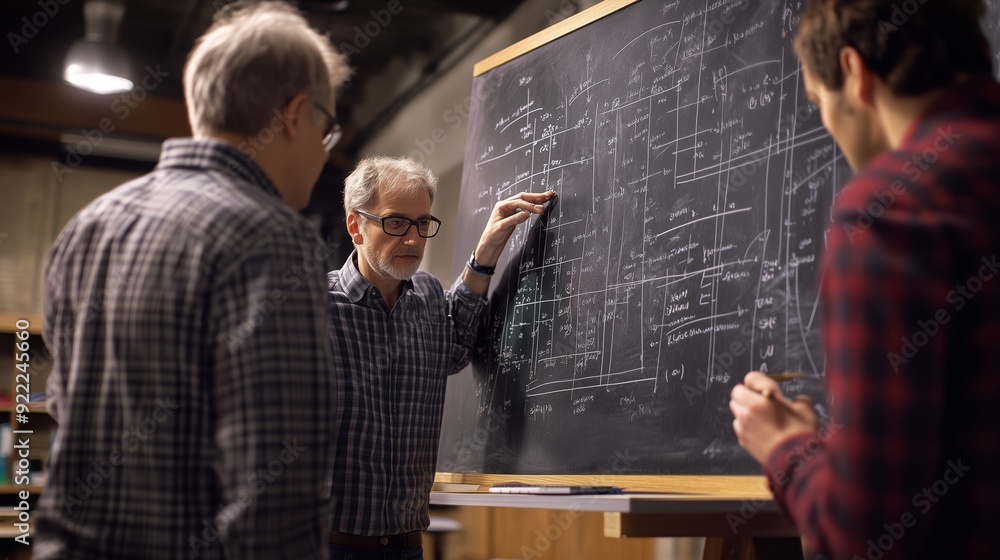 Poster collaborative brainstorming session at a workspace with three men discussing plans on a chalkboard i