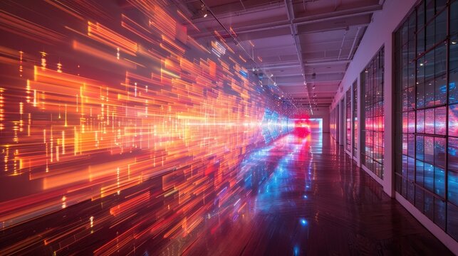 A holographic display of quantum wave functions projected in a dark room, creating a mesmerizing visual effect.