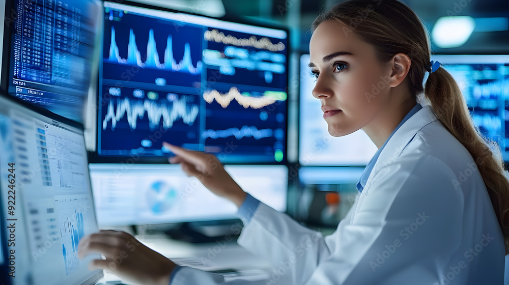 Poster clinical researcher analyzing statistical data on multiple screens, highlighting graphs and metrics.