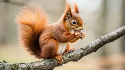 Fototapeta premium Red Squirrel on a Branch Eating a Nut