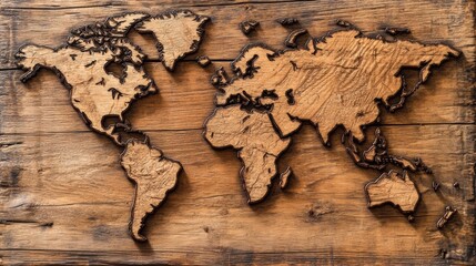 A wooden world map with a brown background and black continents, AI