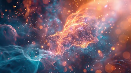 Fototapeta premium A dynamic visualization of quantum state evolution, with particles transitioning through different states, illustrating the fluid nature of quantum mechanics.