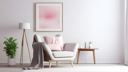a pink chair is placed against a backdrop of a floral pattern and a soft pink rug on the floor ,. the soft pastel skies add a touch of tranquility to the overall composition