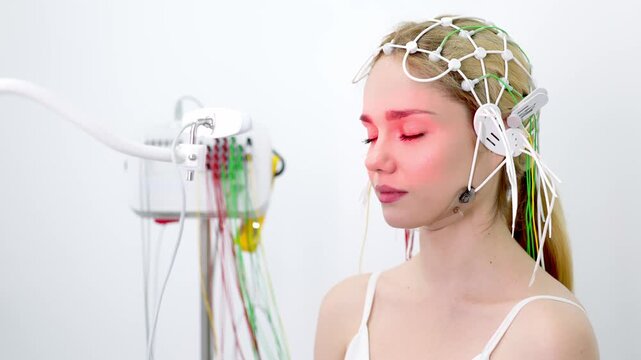 Female patient undergoing an EEG test, showcasing modern healthcare and patient comfort. Perfect for highlighting advanced diagnostic technology and patient-centered care.