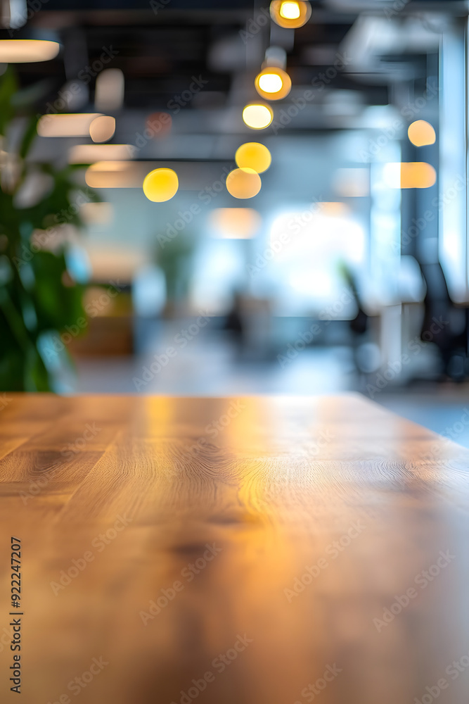 Poster wooden table on blurred empty open space office. abstract bokeh at office interior background for de