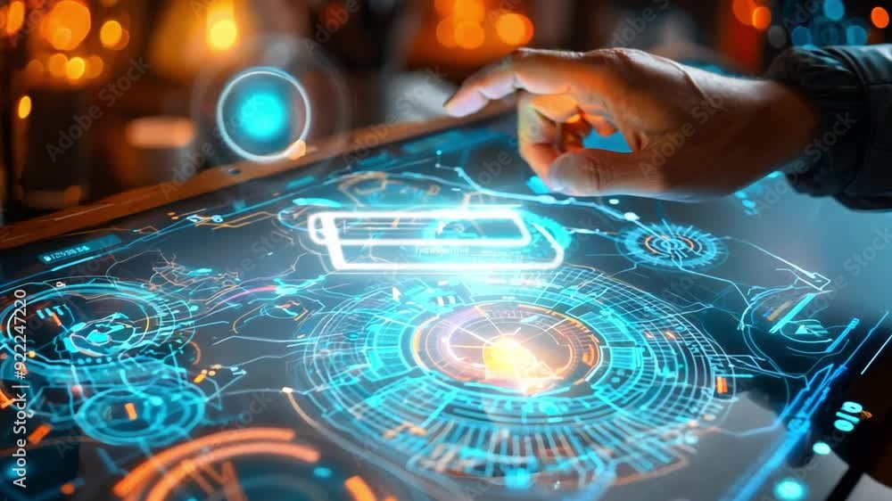 Poster a person interacts with a glowing touchscreen display featuring intricate holographic designs in a c