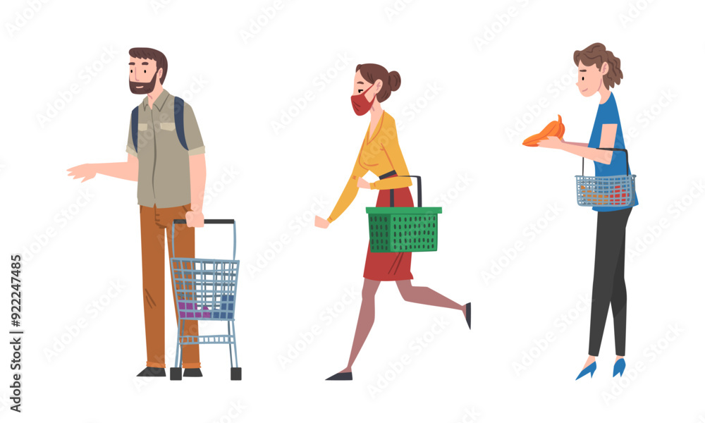 Poster customers shopping for groceries in supermarket set cartoon vector illustration