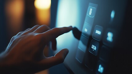 Close-Up of Hand Adjusting a Touch-Screen Thermostat in a Modern Smart Home