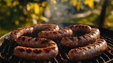 A group of sausages are cooking on a grill outside, AI