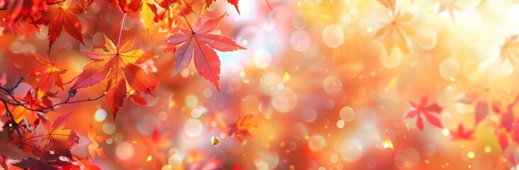 Fototapeta premium Close-up of vibrant red and orange maple leaves with bokeh background.