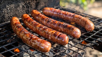 A group of sausages are cooking on a grill outside, AI