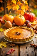 Tarta de calabaza decorada con anís estrellado, acompañada de calabazas y hojas otoñales sobre una mesa de madera.