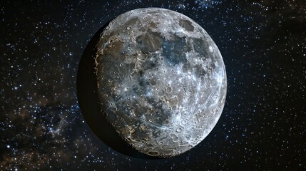 Fototapeta premium Detailed image of the full Moon with visible craters and maria against a dark starry background. Left side dark, right bright, stars add vastness. Moon's presence in space depicted.