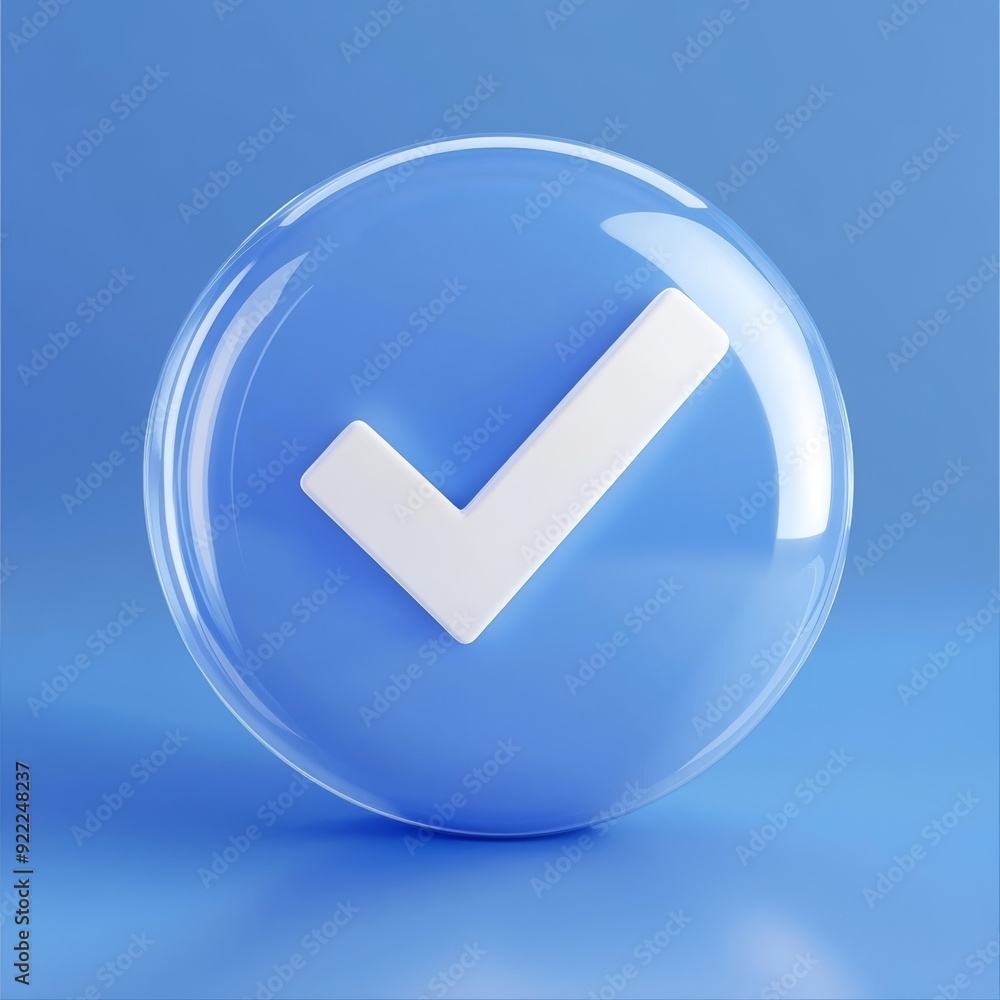 Poster a glossy 3d checkmark in a round bubble on a smooth blue background, symbolizing approval and confir