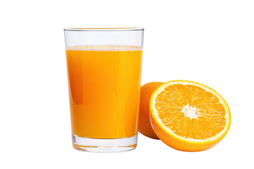 Fresh orange juice served in a glass, accompanied by a sliced orange, perfect for breakfast or a refreshing drink.
