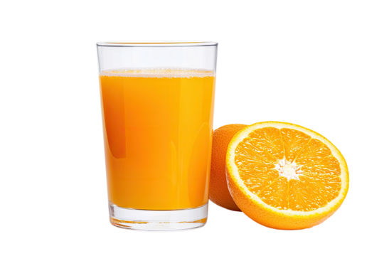 Fresh orange juice served in a glass, accompanied by a sliced orange, perfect for breakfast or a refreshing drink.