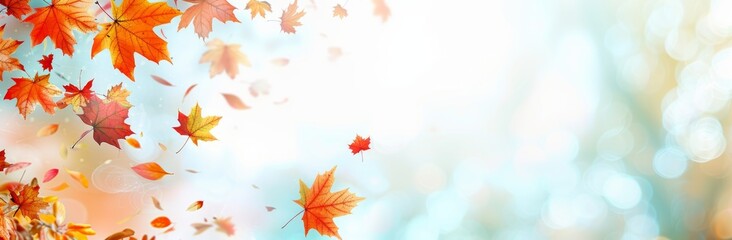 Orange and yellow maple leaves falling against a blurred blue and white background.