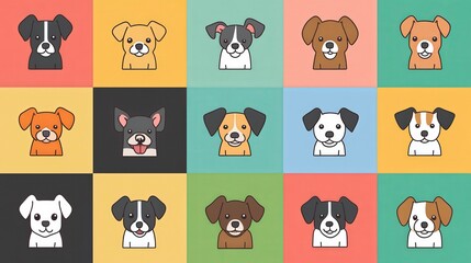 Obraz premium Playful Dog Icons - Colorful flat design illustrations of adorable dogs in a grid layout for web and print projects