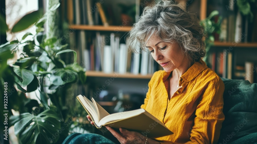 Canvas Prints A woman in a yellow shirt is reading an open book, AI