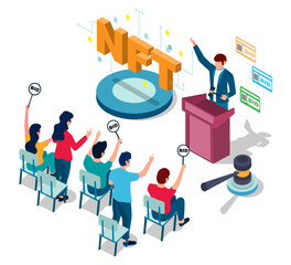 Seller and people audience with bid boards trading at crypto market auction vector illustration. Nft token blockchain virtual non fungible cryptocurrency business
