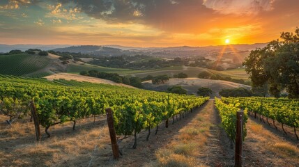 Naklejka premium An enchanting golden sunset casting a warm glow over lush vineyard rows nestled in gently rolling hills, creating a serene and picturesque landscape scene.