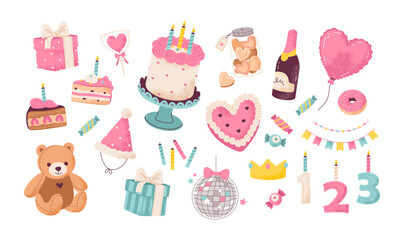 Birthday accessories. Flat vector illustration of a birthday party set featuring a teddy bear, candles, and decorations. Colorful balloon, a cake and gifts to any celebration or event
