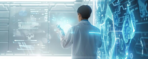 A scientist interacts with futuristic technology, analyzing data and visualizations in a modern research environment.