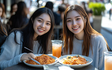  Two Asian Friends Eating Spaghetti at an Outdoor Cafe, Smiling and Enjoying Lemonade or Water, Captured with No Table Between Them for a Casual and Relaxed Lunchtime.
